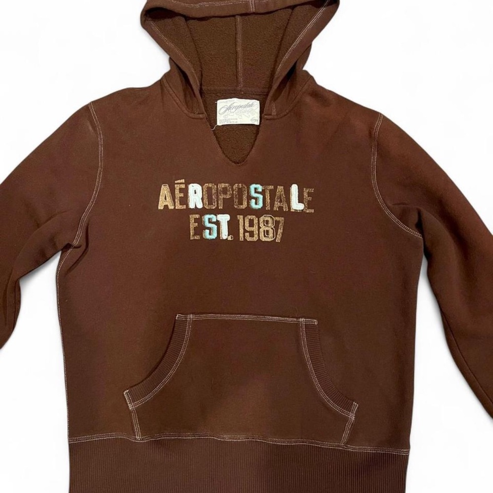 Vintage Y2K Aeropostale Fleece Brown Hoodie Embroidered Logo Size Large